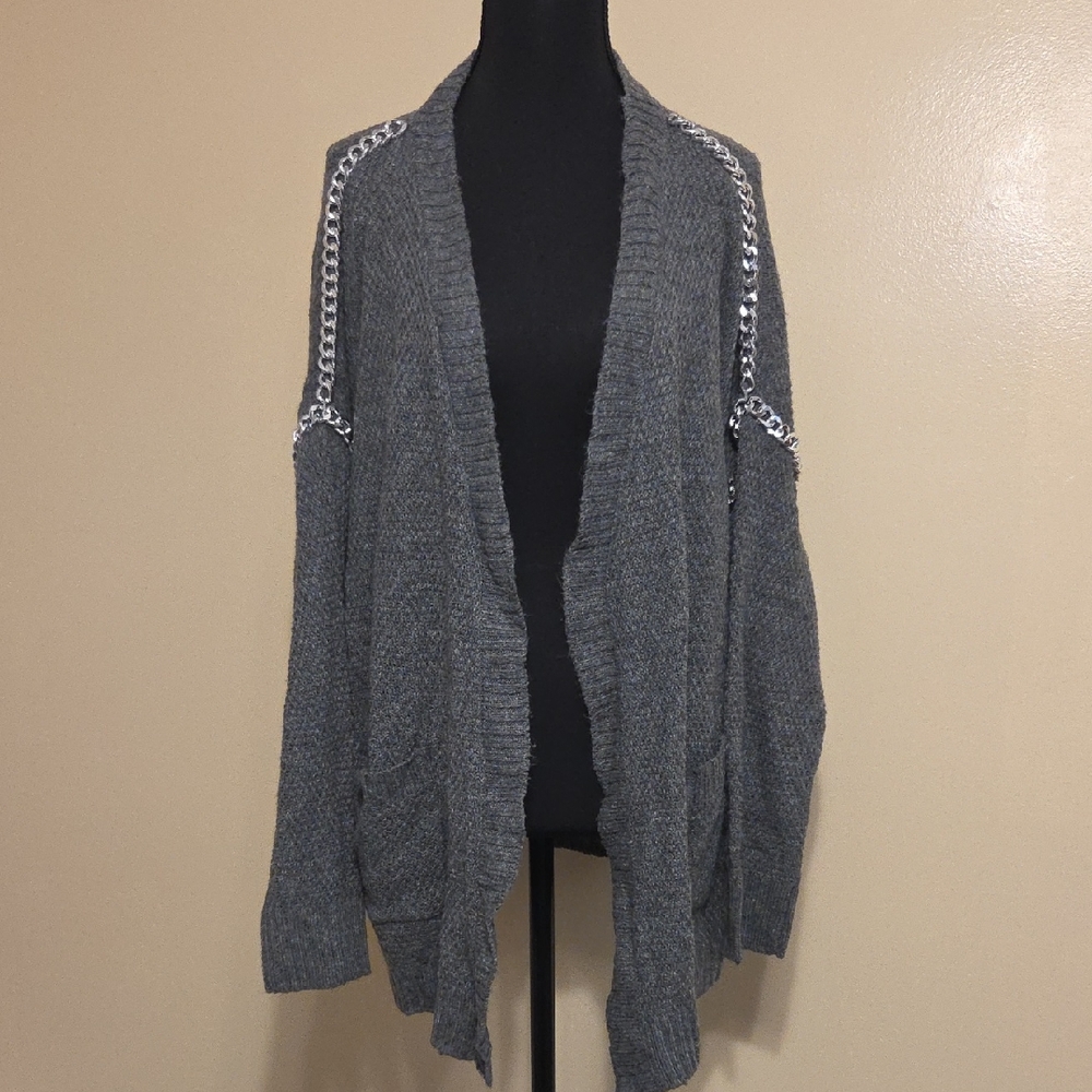 Democracy Y2K Gray Metal Chain Link Open-Front Sweater Cardigan Layering Medium